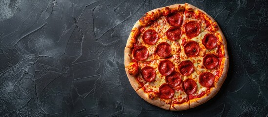 Poster - Delicious pepperoni pizza with fresh ingredients displayed on a black concrete backdrop Top view shot of a steaming hot pizza with copy space image