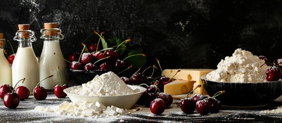 Poster - On a black backdrop display dairy products flour sugar and cherries with extra space for text or graphics creating a copy space image