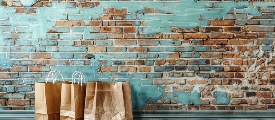 Wall Mural - Brick wall with recycled paper shopping bags providing copy space image