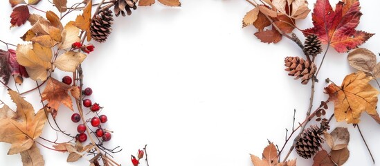 Aufkleber - Circular autumn wreath made of dried leaves twigs rose hips and pine cones on a white background portraying a rustic and natural fall design with ample copy space for an image