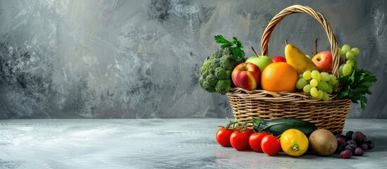 Poster - Basket containing a variety of fresh fruits and vegetables placed on a gray table with a blank space for an image. Creative banner. Copyspace image