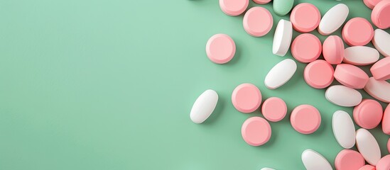 Aufkleber - Bulk white and pink tablets on a green background with copy space image