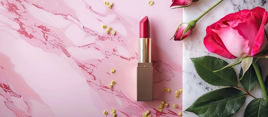 Poster - Flat lay arrangement of a hygienic lipstick marble board and rose flower on a pink background with copy space image available