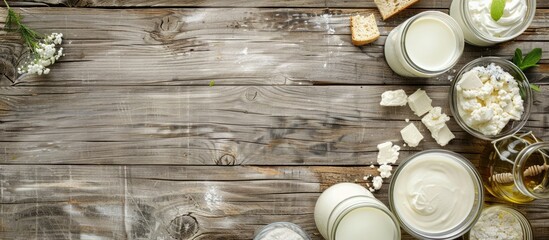 Aufkleber - Assorted dairy products displayed on a vintage wooden surface with room for text or images overhead. Creative banner. Copyspace image