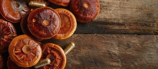 Poster - Close up of Ling zhi and Ganoderma lucidum mushrooms with a capsule on a wooden table with a blank background for copy space image