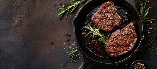 Poster - Cooking steak on a cast iron pan set against a background with ample copy space image