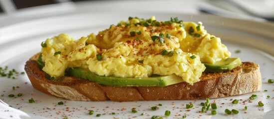 Poster - A delectable breakfast choice showcasing toast topped with creamy avocado gooey melted cheese and fluffy scrambled eggs ideal for a copy space image