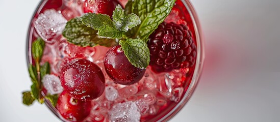 Poster - Top view of a chilled cocktail garnished with cranberries raspberries and mint in red stemware perfect for a copy space image