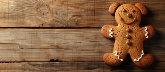 Poster - Adorable gingerbread dog with copy space image on a wooden backdrop