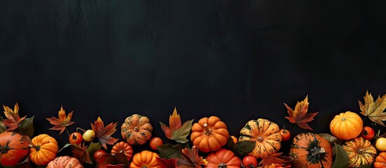 Fototapete - Autumn display of colorful pumpkins and leaves against a black backdrop with space for text in the image. Creative banner. Copyspace image