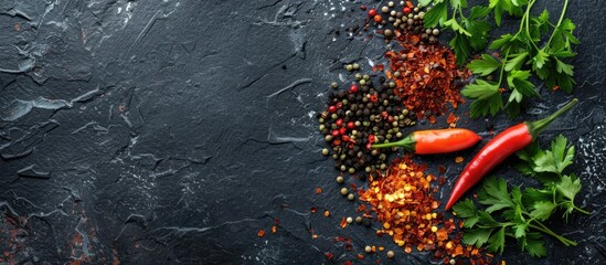 Canvas Print - Top view of an array of vibrant spices like chili flakes mixed pepper parsley herbs and red paprika on a dark black slate background with copy space image