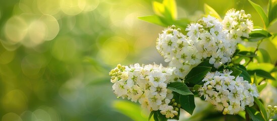 Poster - Blooming white Spiraea Cinerea Grefsheim on a branch against a green backdrop in a spring garden with a bush of white flowers in a home garden featuring green leaves and bushes accompanied by Spirea