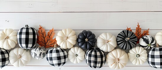 Fototapete - Top down view of a modern farmhouse themed autumn border on a white wood banner background featuring black and white plaid pumpkins and patterned cloth pumpkins with ample copy space image