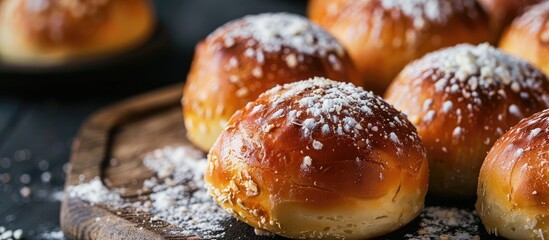 Poster - Close up picture of homemade yeasty buns filled with cottage cheese and milk with copy space image