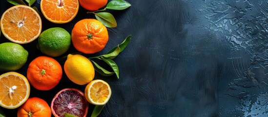 Poster - Citrus fruits like tangerines lemons limes oranges and grapefruits arranged on a dark table with space for text in the image. Creative banner. Copyspace image