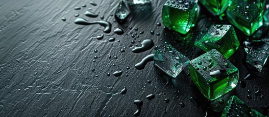 Aufkleber - A black table acts as a backdrop for vivid green ice cubes in the copy space image