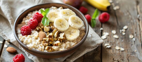 Aufkleber - Delicious oatmeal with a mix of fruits and nuts displayed in a bowl on a rustic wooden surface creating room for a caption in the image. Creative banner. Copyspace image