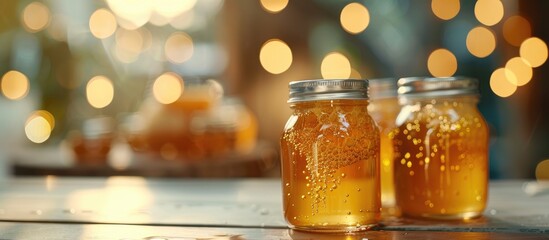 Poster - Blurry lights create a soft backdrop for glass jars filled with delicious honey on a table offering a perfect copy space image