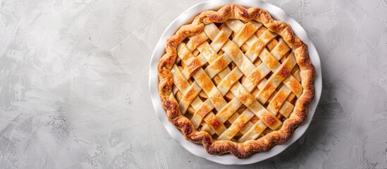 Sticker - Top down view of a homemade apple pie in a Charlotte mold presented on a white plate against a grey backdrop with ample copy space image