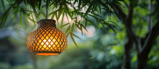 Aufkleber - Asian inspired bamboo weave ceiling lantern perfect for natural interior decor with a nature inspired art design Ideal for backgrounds and copy space image