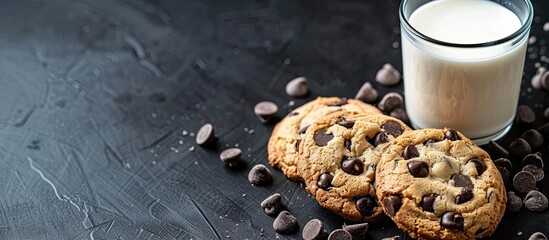 Fototapete - Copy space image of chocolate chip cookies and a glass of milk on black backdrop