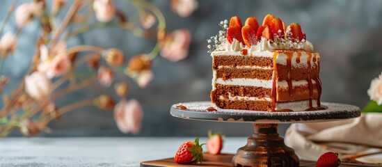 Colorful background enhances dessert stand with delectable caramel cake creating an appealing display in the photo with copy space image