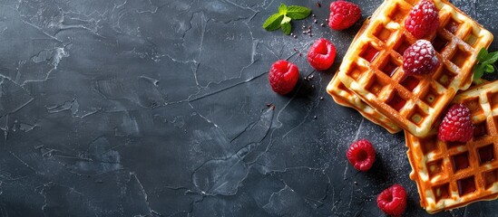 Poster - Top view of Belgian waffles on a menu concept background with copy space image for text perfect for showcasing a sweet dessert option with organic and healthy eating connotations