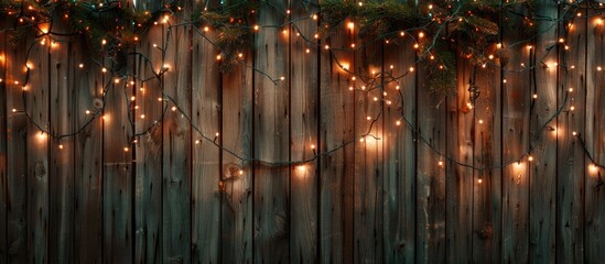 Leinwandbilder - Christmas lights are illuminated against a rustic wooden backdrop in the image with available copy space