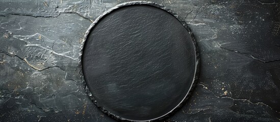 Aufkleber - Dark slate plate in a cafe with dishware on a stone surface resembling a chalkboard in a restaurant featuring empty copy space image