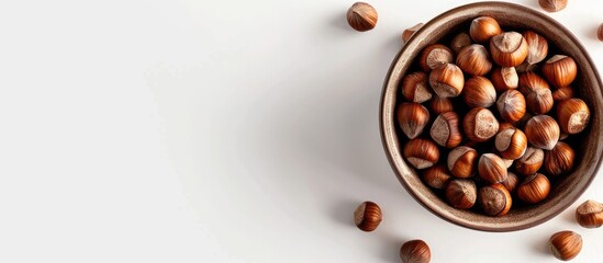 Aufkleber - Top down view of hazelnuts in ceramic container against white backdrop with space for adding text or images. Creative banner. Copyspace image
