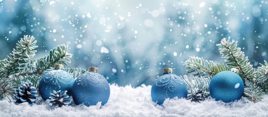 Wall Mural - Blue Christmas tree decorations set against a snowy backdrop provide a festive look in the beautiful copy space image