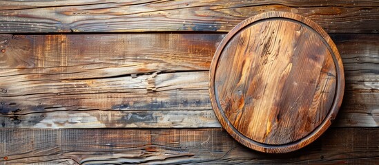 Poster - Circular cutting board on a vibrant wooden backdrop with ample copy space image