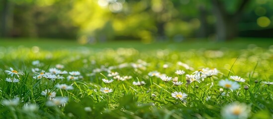Poster - A close up side view of blooming common daisies Bellis perennis on a green lawn with a blurred natural background suitable for copy space image
