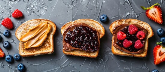 Poster - Copy space image featuring chocolate butter peanut butter and berry jam topped toasts on a gray textured background