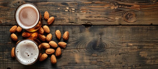 Aufkleber - Beer glass and almond nut arrangement on wooden backdrop with copy space image