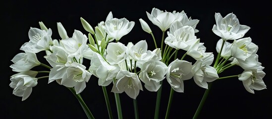 Fototapete - Close up of elegant white flowers with beautiful green stalks set against a dramatic black backdrop creating a stunning copy space image
