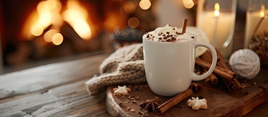 Aufkleber - A cozy kitchen table setting with a steaming cup of hot chocolate embellished with cream chocolate pieces cinnamon and brown sugar ready for a copy space image