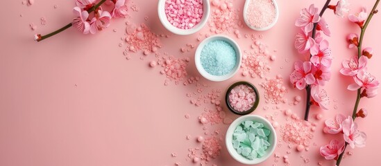 Aufkleber - Top view composition on a pink background showcasing spa and beauty products with copy space for text