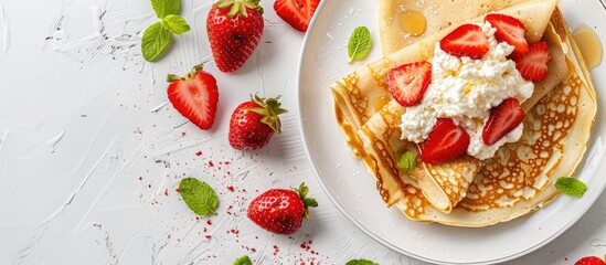 Poster - Top view of delicious crepes garnished with ricotta cheese and fresh strawberries showcased on a white backdrop with available copy space image