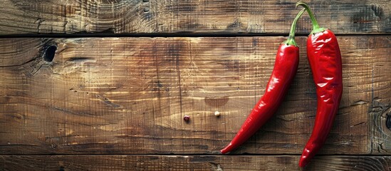 Poster - Close up of a fresh red chili on a vintage wooden surface with blank copy space image