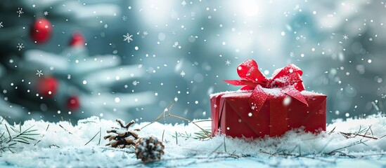 Fototapete - Decorative Christmas present with ribbon and bow on snowy background creating a festive copy space image