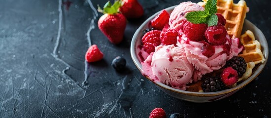 Poster - Delicious red fruits topping ice cream and waffles on a dark stone backdrop with copy space image available for text