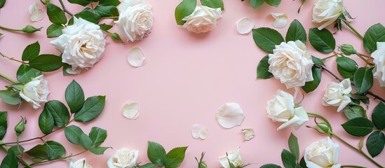 Aufkleber - Circular frame with white roses and green leaves on a soft pink backdrop for a flat lay top view suitable for a copy space image like a flower card or greeting for Women s Day celebrations