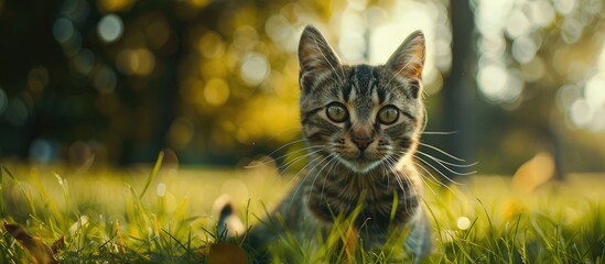 Poster - A cat on green grass with a blurred backdrop gazing at the camera in a shot with ample copy space image