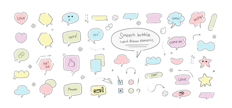 Hand drawn speech bubble, template, icons, set, marker check, arrows, like, elements, vector