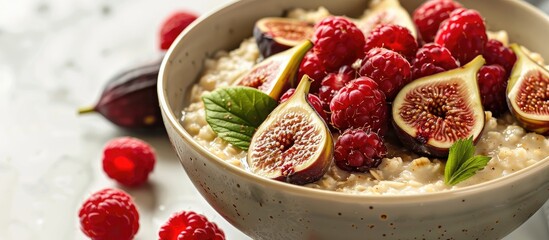 Sticker - A bowl with oatmeal porridge topped with fresh raspberries and figs set against a plain background for copy space image