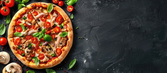 Poster - Chicken and tomato pizza with fresh ingredients on display in a copy space image