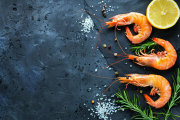 Wall Mural - Delicious grilled shrimps with lemon, rosemary and various spices served on slate dish on rustic background. Cooked prawns on dark table, top view