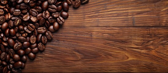 Aufkleber - Coffee beans roasted to a dark brown hue displayed beautifully on a wooden table with ample copy space image