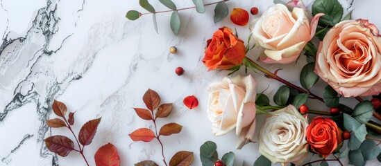 Aufkleber - Copy space image featuring a flat lay top view of a composition crafted from roses and decorative elements within a frame